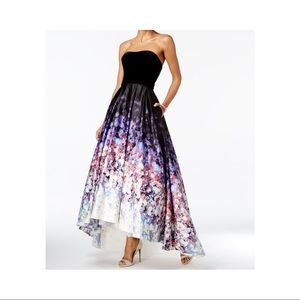 Betsy & Adam Velvet Printed High-Low Gown